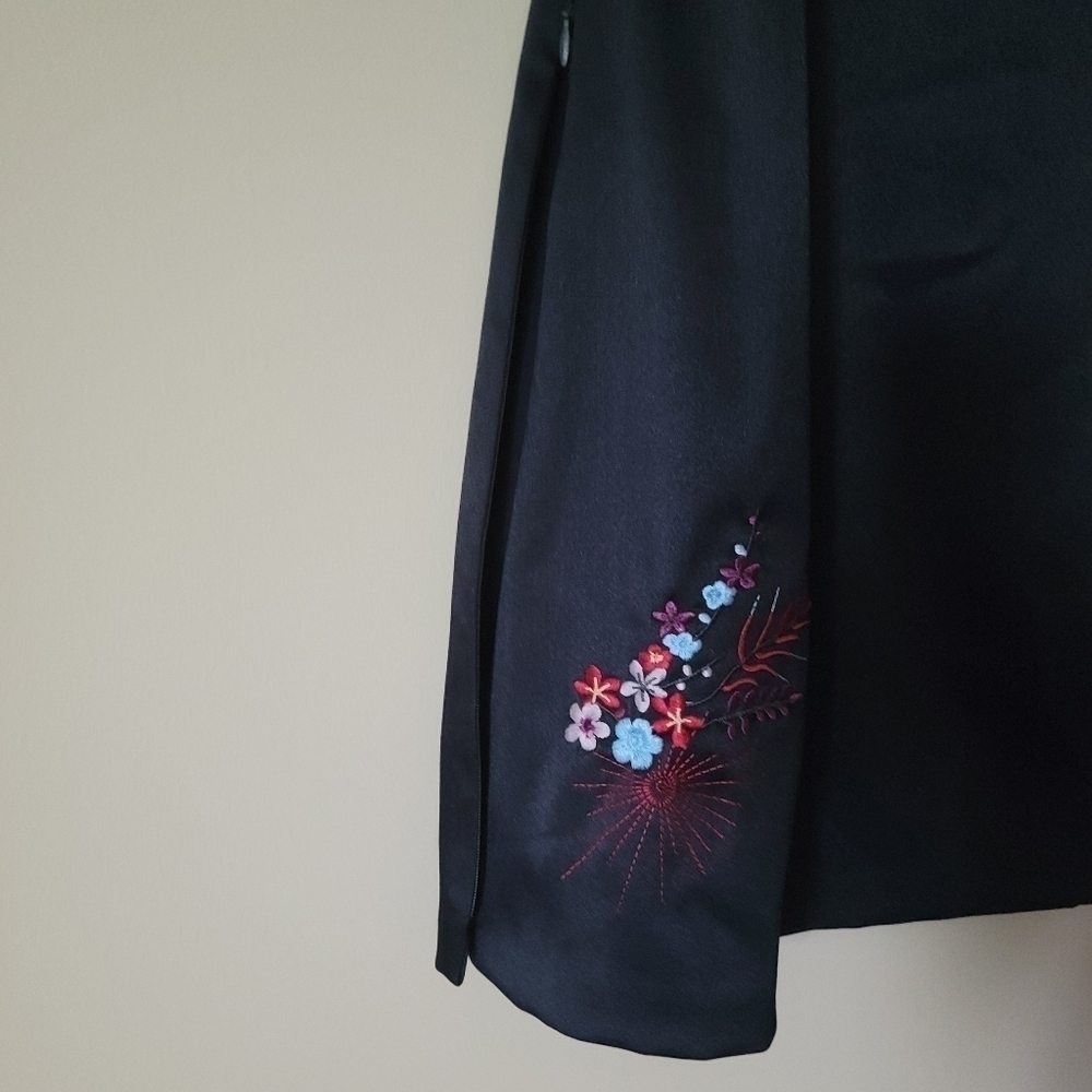 Vintage 90s Y2K Sexy Black Satin Square Bib Neckline Mini Dress Embroidered Sz 7 - Picture 7 of 10